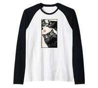 Arte Urbano Estilo Ukiyo-e en xilografía Japonesa Retro con Forma de Gato Camiseta Manga Raglan