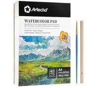 Artecho Bloc de papel de acuarela A4, 40 hojas con pincel de acuarela y lápiz, papel de acuarela de 300 g/m², bloc de papel de arte, cuaderno de bocetos de acuarela para pintura, dibujo, bocetos y