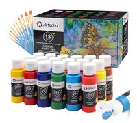 Artecho Pinturas Acrilicas 18 × 59 ml con Pincel de 10 Piezas, Acrylic Paint Set, no Tóxico, Impermeable y Resistente a la luz, para Lienzos, Tela, Madera, Cristal, Piedras.