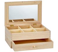 Artemio – Joyero de madera sin tratar, 25 x 17,5 x 11,5 cm, 6 compartimentos, 1 cajón, espejo en tapa