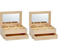 Artémio - Joyero (Madera sin Tratar, 25 x 17,5 x 11,5 cm, 6 Compartimentos, 1 cajón, Espejo en Tapa) (Paquete de 2)