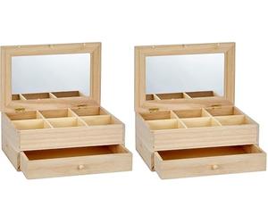 Artémio - Joyero (Madera sin Tratar, 25 x 17,5 x 11,5 cm, 6 Compartimentos, 1 cajón, Espejo en Tapa) (Paquete de 2)