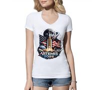 Artemis 2026 USA Moon Landing Space Exploration Rocket Astronaut Future NASA Patriotic Camiseta De Mujer Cuello En V Blanca Size XL