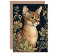 Artery8 Abyssinian Cat with Flowers Art Nouveau Modern Watercolour Illustration Art Birthday Sealed Greeting Card Plus Envelope Blank inside