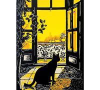 Artery8 Black Cat Sunbathing by Balcony Oil Painting Yellow Black Bright Mediterranean Sun Premium Wall Art Canvas Print 18X24 Inch