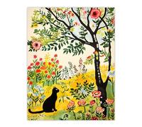 Artery8 Cat Under Tree in Wildflowers Folk Art Painting Living Room Large Wall Art Poster Print Thick Paper 18X24 Inch