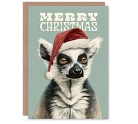 Artery8 Christmas Card Lemur Wearing a Santa Hat Festive Animal Portrait
