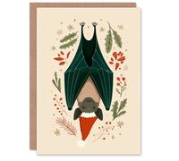 Artery8 Christmas Card Upside Down Bat in Santa Hat With Holly and Pine