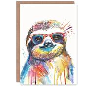 Artery8 Colourful Watercolour Sloth Sunglasses Cute Smile Blank For Him Or Her Art Birthday Card