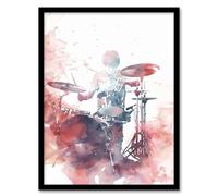 Artery8 Drummer Playing Drums Set Modern Watercolour Red Living Room Art Print Framed Poster Wall Decor 12x16 inch