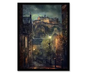 Artery8 Edinburgh Castle Atmospheric Scotland Night Rain Living Room Artwork Framed Wall Art Print A4