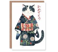 Artery8 Floral Japanese Kimono Pet Portrait Cat Lover Blank For Him Or Her Art Birthday Card