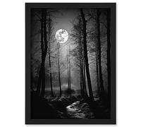 Artery8 Full Moon Over Misty Forest Black and White Photo Artwork Framed Wall Art Print A4
