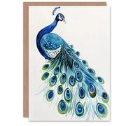 Artery8 Greeting Card Blue Peafowl Peacock Tail Feathers Watercolour For Her Woman Birthday Card