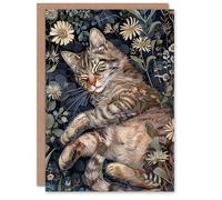 Artery8 Greeting Card Cute Moggie Sleeping in Daisy Field Cat Lover Blank For Him Or Her Art Birthday Card