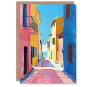 Artery8 Greeting Card Mediterranean Street Spain Painting Seaside Blank For Him Or Her Art Birthday Card