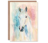 Artery8 Greeting Card Pastel Watercolour White Horse Head Portrait Blank For All Him Or Her Art Birthday Card