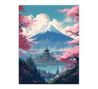 Artery8 Japanese Temple on Mount Fuji Lake Painting Green Blue Pink Cherry Blossom Trees Blooming in Tranquil Forest Landscape Unframed Wall Art Print Poster Home Decor Premium