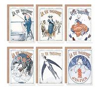 Artery8 La Vie Parisienne - Tarjetas de felicitación con sobres, diseño de mujer francesa, pájaro, mariposa, pesca, paquete de 6