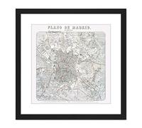 Artery8 Map Antique Morales 1879 Madrid City Plan Old Replica 9X9 Inch Square Wooden Framed Wall Art Print Picture with Mount