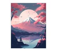 Artery8 Mount Fuji View Through Cherry Blossom Trees Pastel Colour Painting Pink Purple Blue Serene Lake Reflection Japanese Landscape Extra Large XL Wall Art Poster Print