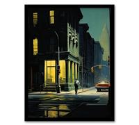 Artery8 New York at Dawn Edward Hopper Style Oil Painting Yellow Green Blue Man Walking in Empty City Street Artwork Framed Wall Art Print 18X24 Inch