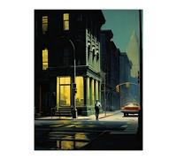 Artery8 New York at Dawn Edward Hopper Style Oil Painting Yellow Green Blue Man Walking in Empty City Street Extra Large XL Wall Art Poster Print