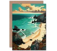 Artery8 Porthcurno Sandy Beach Cliffs Coastal Landscape Travel Birthday Sealed Greeting Card Plus Envelope Blank inside