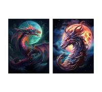Artery8 Set of 2 Prints Modern Mythical Dragon Full Moon Fantasy Serpent Pack of 2 A4 Poster Wall Art Prints