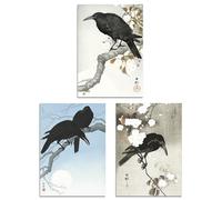 Artery8 Set of 3 Ohara Koson Crows Black White Blue Japanese Wall Art Prints A3 Size Living Room Decor
