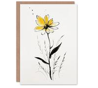 Artery8 Single Yellow Daisy Flower Floral Ink Drawing For Her Woman Birthday Card