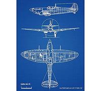 Artery8 Supermarine Spitfire 5b Fighter Plane Blueprint Plan Unframed Wall Art Print Poster Home Decor Premium sper Combatiente Avin Azul pared Pster Casa