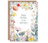 Artery8 Tarjeta de felicitación con texto en inglés «To My Soul Sister» con flores brillantes y sinceras para ella, tarjeta de cumpleaños