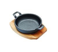 Artesà Cacerola de Hierro Fundido en Miniatura con Tabla de Madera para Servir, Estilo Olla Poco Profunda, para Gratinar, Tapas, Curry y Carne, Apta para Placas de Inducción, (6.4 x 4.9"), Redonda, Negro