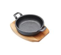 Artesà Cacerola de Hierro Fundido en Miniatura con Tabla de Madera para Servir, Estilo Olla Poco Profunda, para Gratinar, Tapas, Curry y Carne, Apta para Placas de Inducción, (6.4 x 4.9"), Redonda, Negro