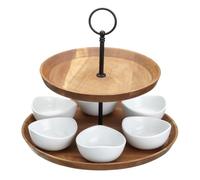 Artesà Expositor de 2 Pisos para Tapas y Comida, Expositor de Alimentos con 6 Mini Cuencos de Porcelana, Soporte para Tartas de Madera Acabado a Mano en Caja de Regalo, 24 x 25 cm, Marrón y Negro