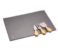 Artesa Juego de Tabla de Quesos con Bandeja de Pizarra Natural y Tres Cuchillos de Queso Lisos de Acero Inoxidable y Madera de Acacia, 32 x 32 x 22cm Bandeja de Servir