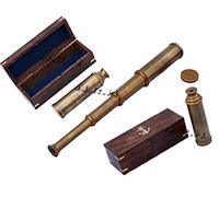 Artesanías Telescopio Latón Antiguo Spyglass Pirata Vintage Marítimo Handheld 14 Pulgadas Azul Marino Telescopio W/Caja de Madera