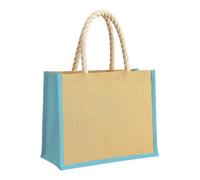 Artexia Bolsa de yute de playa grande, 20 l, con asas de cuerda, bolsa de playa de yute natural con fuelle y detalles de colores, bolsa de yute personalizable 40 x 30 x 17 cm, azul celeste, 40x30x17cm
