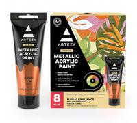 ARTEZA Pinturas acrílicas metalizadas, set de 8 Colores Florales Brillantes, tubos de 120 ml, pigmentos ricos, sin decoloración, pinturas para artistas y niños, ideales para lienzo y manualidades