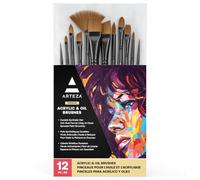 Arteza Set de Pinceles Pintura Acrílica y Óleo, Juego de 12 Pinceles Sintéticos de Pintura al Óleo y Acrílica, Férulas de Latón y Asas de Madera de Abedul, Material de Arte para Principiante y Experto