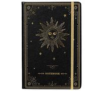 Artfan Cuaderno rayado, tamaño A5, 144 páginas, rayado (14 x 21 cm), cubierta de piel sintética con bolsillo, con bandas, grande, color negro