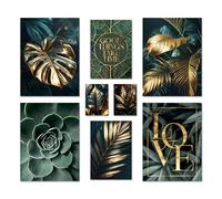 ARTFAVES® Juego de pósteres - Golden Plant Harmony - Decoración de pared de varias piezas Salón y Dormitorio - 8 cuadros modernos de pared plantas, verde, dorado, hojas, monstera, sin marco