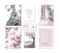 ARTFAVES® Juego de pósteres - Spring in Paris | Decoración de pared para salón y dormitorio | 8 modernos murales | imágenes primavera, negro, blanco, rosa, moda | sin marco