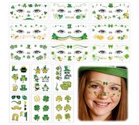 ARTGUTS 15 tatuajes del Día de San Patricio, Tatuajes temporales de cara y cuerpo de trébol, fiesta de disfraces del Día de San Patricio, pegatinas brillantes para adultos y niños, accesorios