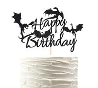 Arthsdite 1 pieza de decoración de dragón para tarta de cumpleaños con temática de dragón, suministros de decoración de fiesta de cumpleaños, purpurina negra, tamaño mediano