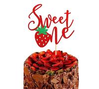 Arthsdite Strawberry Sweet One Cake Topper Primer / 1er Cumpleaños Fresa Cake Pick for Sweet Fruit Theme Baby Shower Kids Birthday Party Supplies - Rojo Glitter