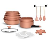 Arthur Martin, AMP61, batería de cocina de aluminio de 18 piezas con revestimiento antideslizante, que incluye sartenes, cacerolas, sartén para saltear, wok, tapas y utensilios - Dusty Rose, 20-28 cm