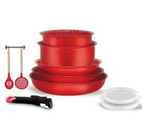 Arthur Martin, AMR41, Batería de Cocina de Aluminio con Revestimiento Grip, 10 Piezas, Sartenes 20-22-26 cm, Cacerolas 16-18 cm, Tapa Hermética, 2 Utensilios, Rojo