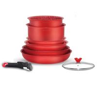 Arthur Martin, AMR88, batería de cocina de aluminio de 8 piezas con revestimiento antiadherente, asas extraíbles y tapas de vidrio, compatible con todas las fuentes de calor, 20-24-28 cm, Rojo